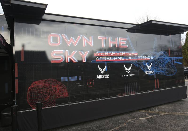 A view of the “Own The Sky,” a USAF Virtual Airborne Experience mobile unit on Wednesday, March 19, 2025 in the Dolan Building parking lot at L-P High School.