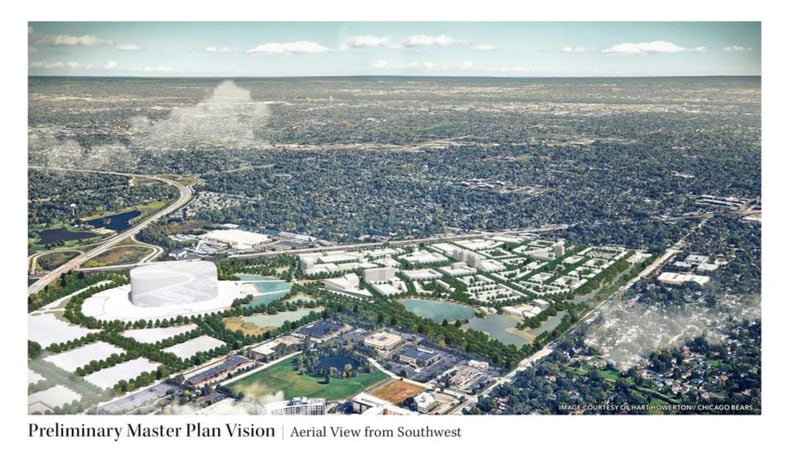 An artist's rendering shows the proposed Chicago Bears redevelopment of the Arlington Park property viewed from the southwest