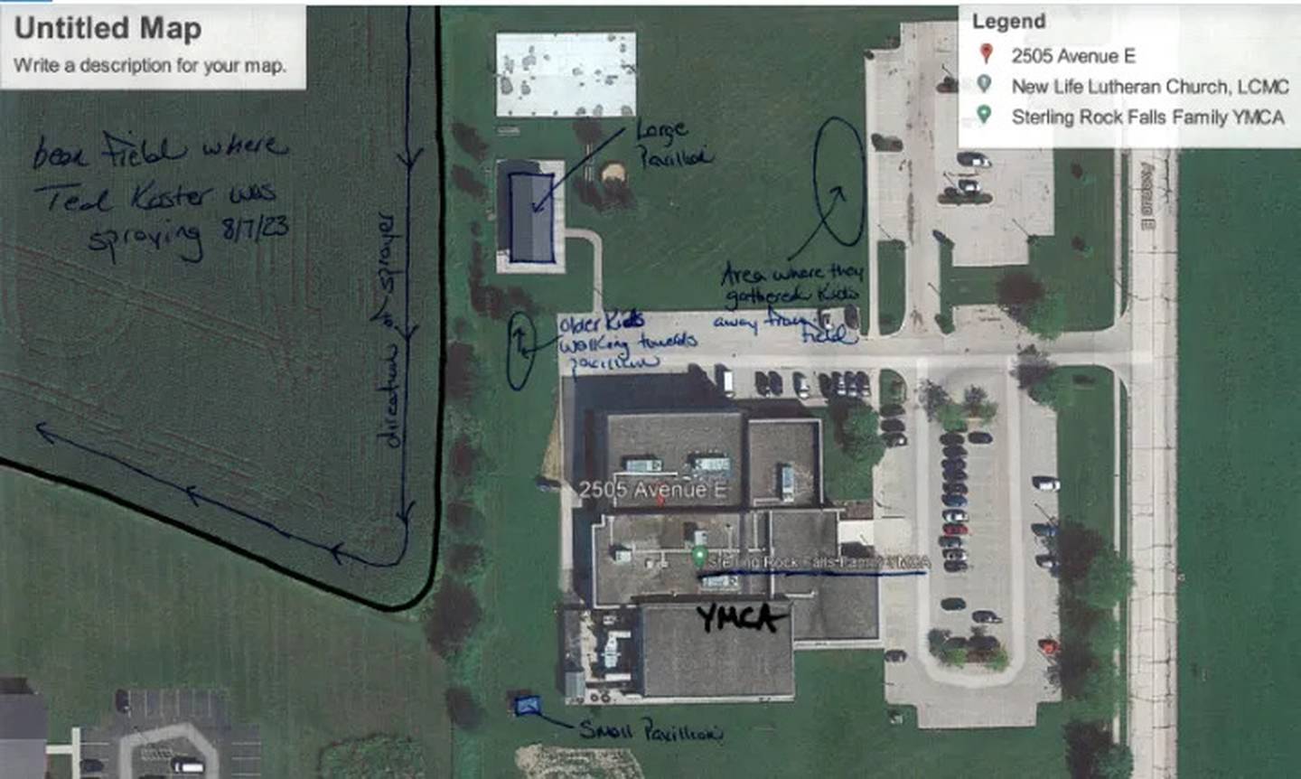 This Illinois Department of Agriculture map shows the field where Ted Koster was spraying pesticides on his field in close proximity to the YMCA building in Sterling, Illinois, on Aug. 7, 2023, according to IDOA pesticide misuse investigative documents. An arrow points from an area near the field towards the large pavilion, showing where the children were when they saw the applicator. According to documents, YMCA staff members “moved all the kids to the field towards the parking lot away from the field as fast as they could. They stated within ten minutes they had all the kids back inside the YMCA building.”