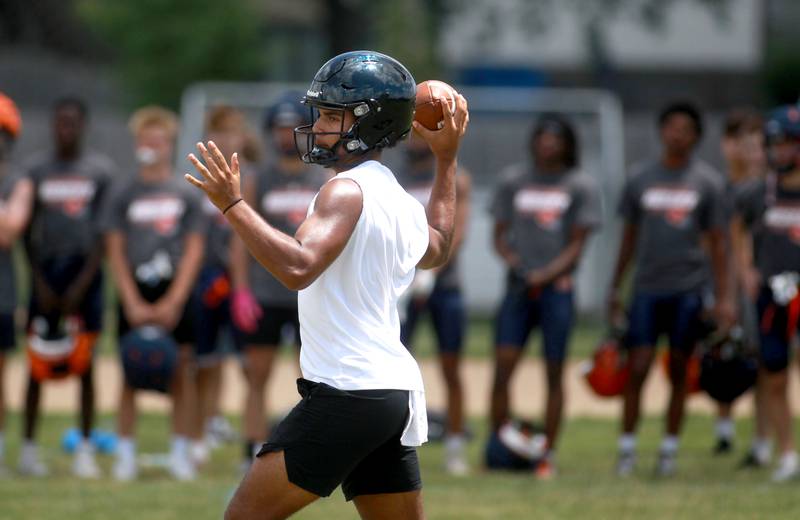 Lincoln-Way East quarterback Jonaas Williams throws the ball during a 7 on 7 tournament on Thursday, June 26, 2025 at Naperville North.