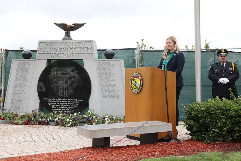 Caitlyn Brennan, President of The 100 Club of Illinois, speaks at the Will County Law Enforcement Memorial ceremony on Thursday, May 9, 2024 in downtown Joliet.