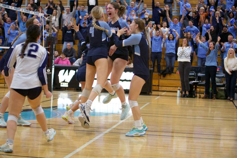 Downers Grove South celebrates the win over Downers Grove North at the Class 4A Willowbrook Sectional Final on Thursday, Nov.7,2024 in Villa Park.