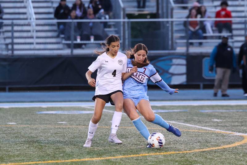 Kankakee's Vanessa Arellano looks to pass away from Oak Forest's Alexa Nava during the Kays' 3-1 loss in the IHSA Class 2A Kankakee Regional championship on Friday, May 23, 2025.