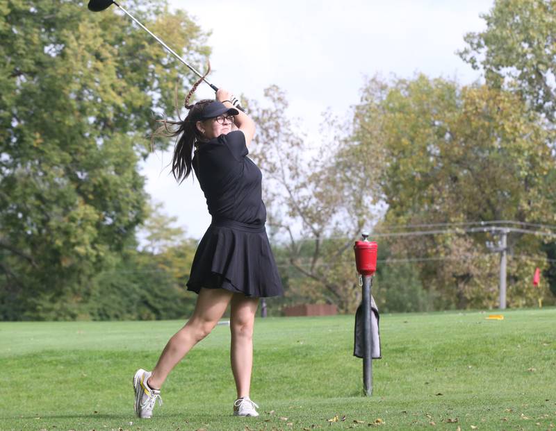 St. Bede's Isabella Hagenbugh tees off during the Class 1A Regional golf meet on Thursday, Sept. 28, 2023 at Spring Creek Golf Course in Spring Valley.