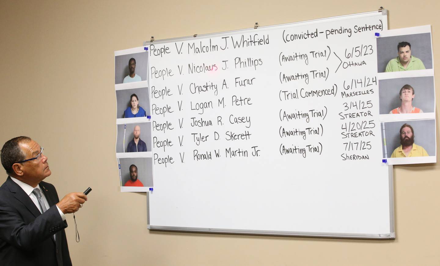 There are seven pending murder cases in La Salle County and state's attorney Joe Navarro said that's "definitely" a record. Navarro maintains a board of the county's most urgent cases and the roster, seen here Friday, Aug. 1, 2025, is unusually full. By Navarro's count, seven people have been charged with first-degree murder in the past 20 months.