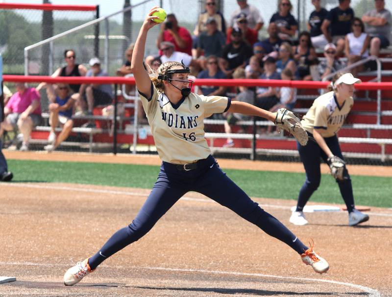 Lemont sophomore Sage Mardjetko fires a pitch Thursday during their IHSA State Championship game against Highland at the Louisville Slugger Sports Complex in Peoria.