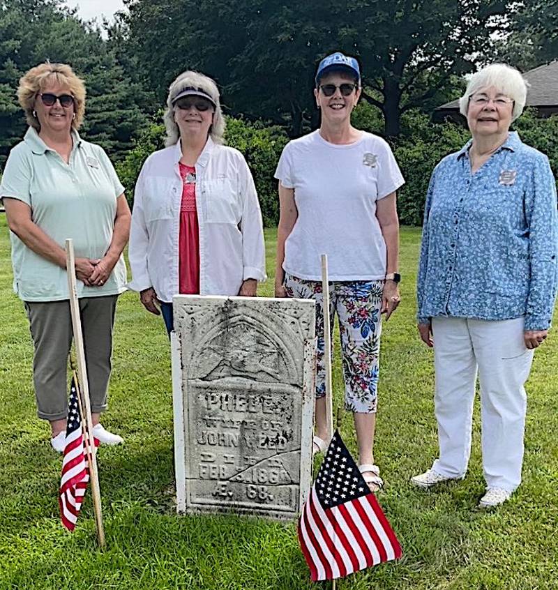 The Kishwaukee Trail Daughters of the American Revolution Chapter will mark the “patriot” gravesite of Phebe Ashley Mead Weed at 1:30 p.m. Sunday, Aug. 14, at the Marengo City Cemetery off East Street. Pictured, from left, are Chris Learman, Phebe relative Kathy Hartke, Beth Hoover and group registrar Marcia Flanagan. Hartke also was assisted in her research by DAR members Caroline Sobolak, Linda LaLond, and Claudia Edwards. (Photo courtesy of Claudia Edwards, DAR)