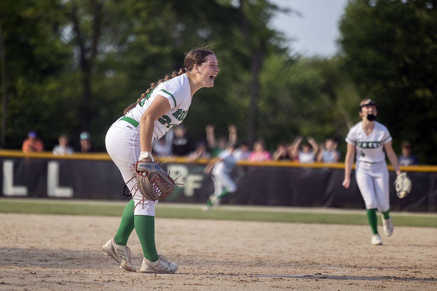 Rock Falls’ Katie Thatcher celebrates the final out of the Rockets’ 2-0 regional win over North Boone Friday, May 19, 2023.