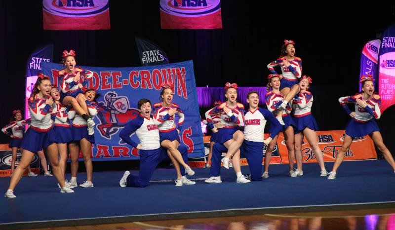 Members of the Dundee-Crown cheerleading team perform during the Competitive Cheerleading State Finals on Saturday, Feb. 3, 2024 at Grossinger Motors Arena in Bloomington.