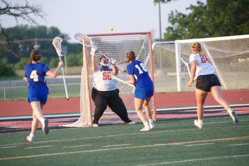 Crystal Lake Central's Natalie Brezina looks to block the shot on goal by Lake Forest's Phoebe Silver at the Super Sectional Final on Tuesday, May 30, 2023 in Huntley.