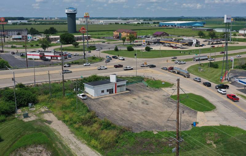 An aerial view of 1350 May Road on Monday, July 28, 2025 in Peru. The property will be publicly auctioned off on-site on Thursday, Aug. 7 at 6p.m. The 1500 square-foot building was a former gas station. Rediger Auction Service is holding the auction.
