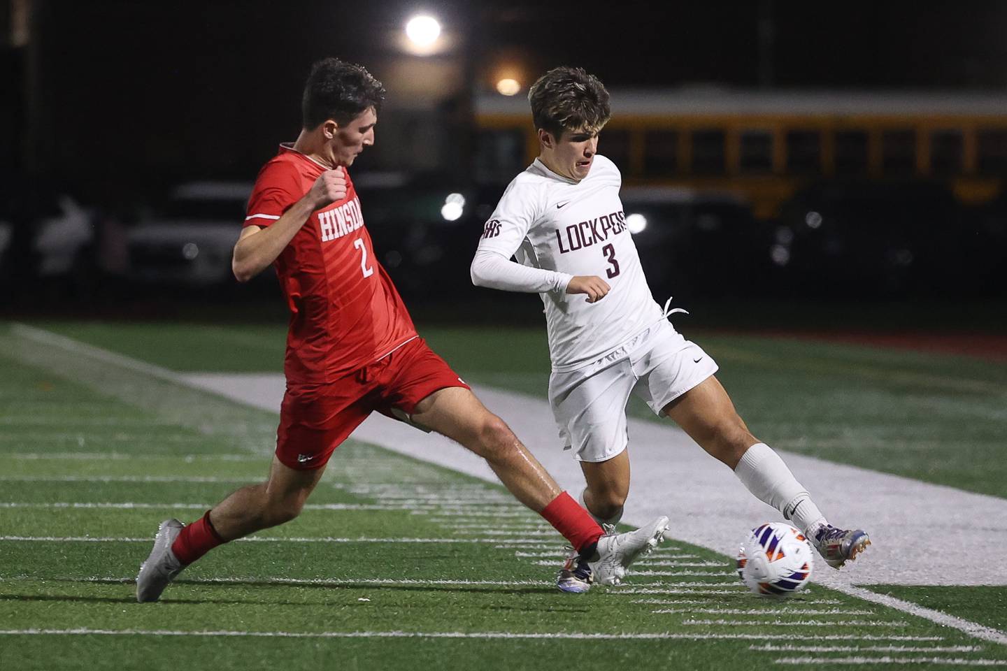 Lockport’s Aleko Kolliniatis works the ball against Hinsdale Central’s Braden Tingler in the Class 3A Morton Supersectional on Tuesday, Nov. 5, 2024 in Cicero.