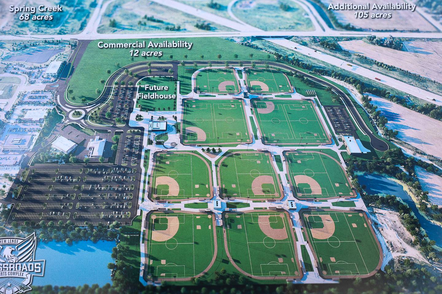 An arial rendering of the 100 acre New Lenox Crossroads Sports Complete sits on display at the ground breaking ceremony on Monday, April 22, 2024 in New Lenox.