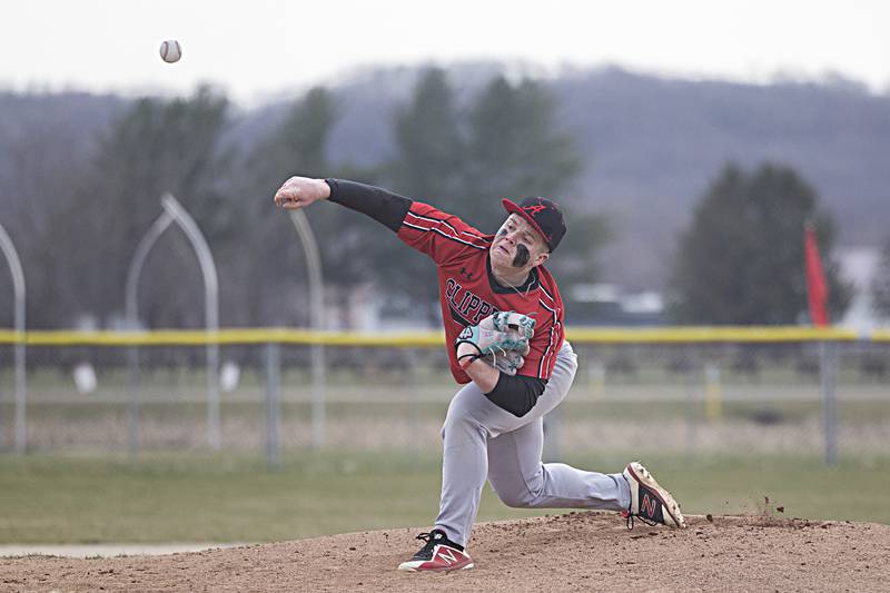 Amboy’s Landon Montavon fires a pitch to Oregon Thursday, March 21, 2024 in Oregon.