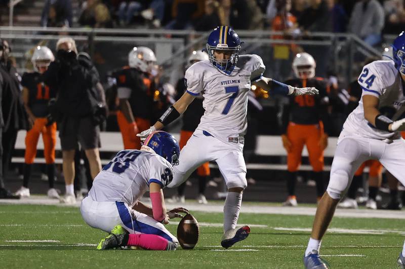 Joliet Central’s Jonas Gregory kicks a field goal against Plainfield East on Oct. 4, 20234 in Plainfield.