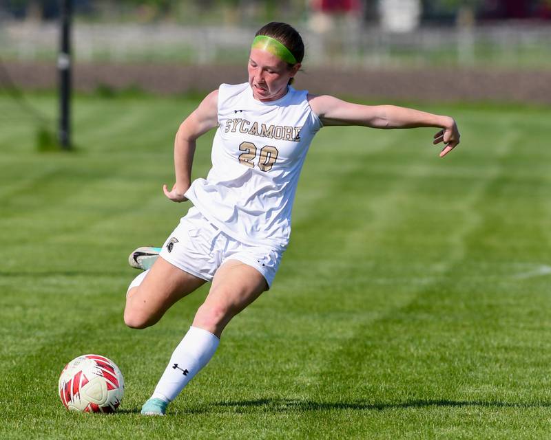 Sycamore's Cortni Kruizenga (20) kicks the ball up field during the game against Kaneland in May 2024 at Kaneland High School.