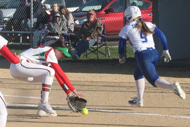 L-P's Bri Ruppert picks up the ball and throws to first to force out Princeton's Avah Oertel on Tuesday, March 19, 2024 in Princeton.