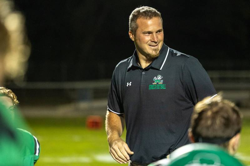 Seneca Head Coach, Terry Maxwell smiles on sideline on Friday, Aug 29, 2025 at Seneca High School in Seneca.
