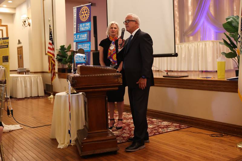 Joliet Mayor Terry D’Arcy speaks at a luncheon to celebrate the 110th anniversary of the Rotary Club at Jacob Henry Mansion on Tuesday, Aug. 1 in Joliet.