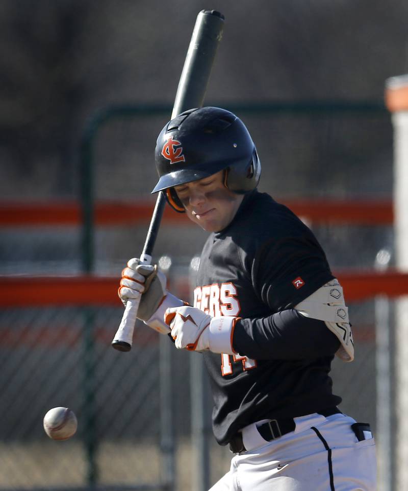 Crystal Lake Central's Sean Kempf is hit by the baseball while batting  the during a nonconference baseball game against Boylan Wednesday, March 29, 2023, at Crystal Lake Central High School.