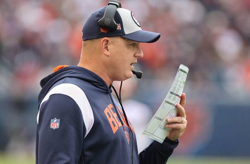 Chicago Bears offensive coordinator Luke Getsy calls a play during the Bears a 23-20 win over the Houston Texans Sunday, Sept. 25, 2022, at Soldier Field in Chicago.