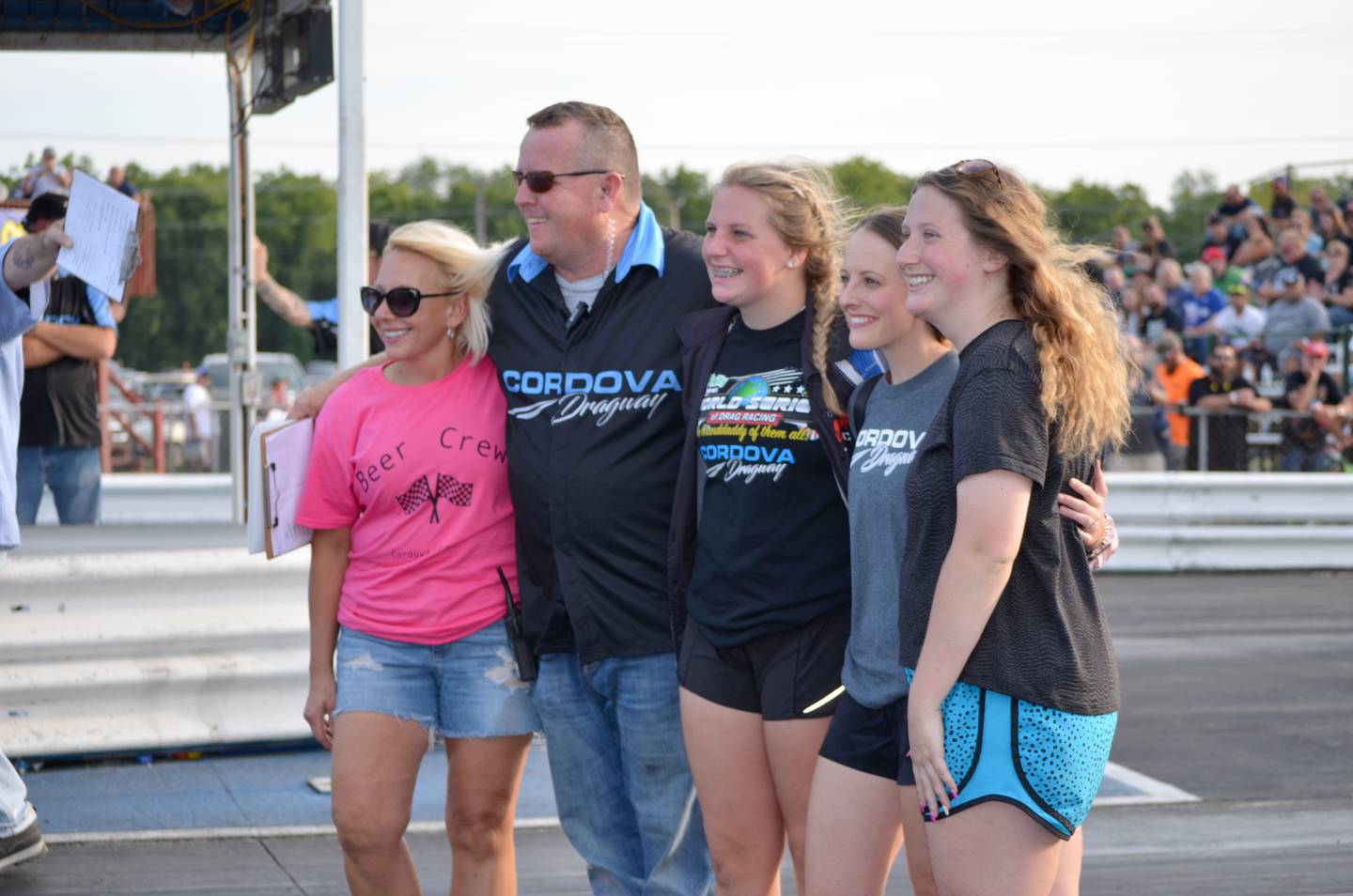 Cordova Dragway’s new owner Dan Crownhart is pictured with his family at the starting line before the evening races kicked off on Saturday, Aug. 27. This year’s World Series of Drag Racing at the Cordova track was the first under the Crownhart ownership, with thousands in attendance for the racing extravaganza. Pictured with Dan is his wife Shelly, left, and their daughters Taylor Crownhart, Taryn McKenna, and Teagan McKenna.