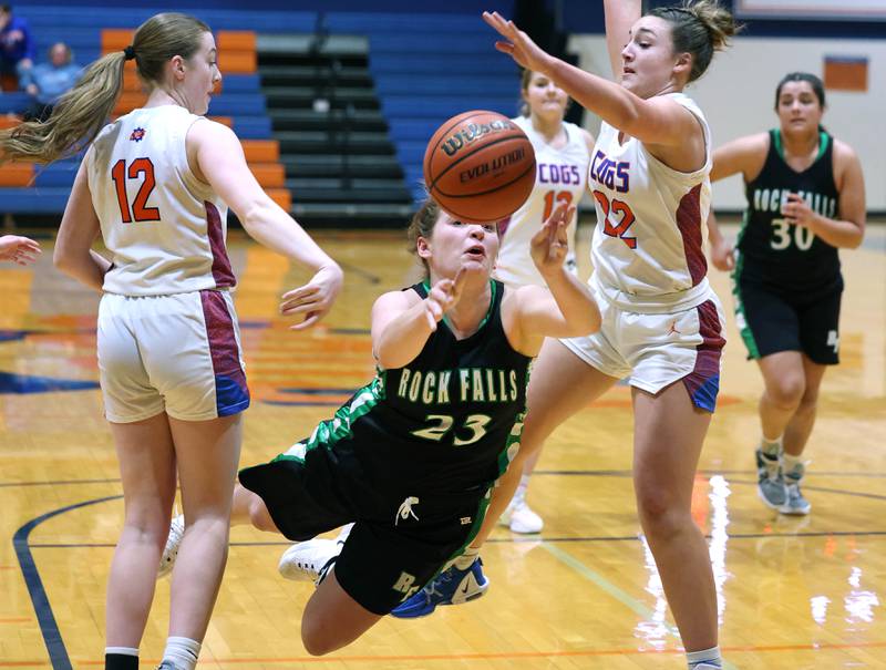 Rock Falls' Claire Bickett has the ball tipped away by Genoa-Kingston's Regan Creadon (right) during their game Friday, Feb. 2, 2024, at Genoa-Kingston High School.