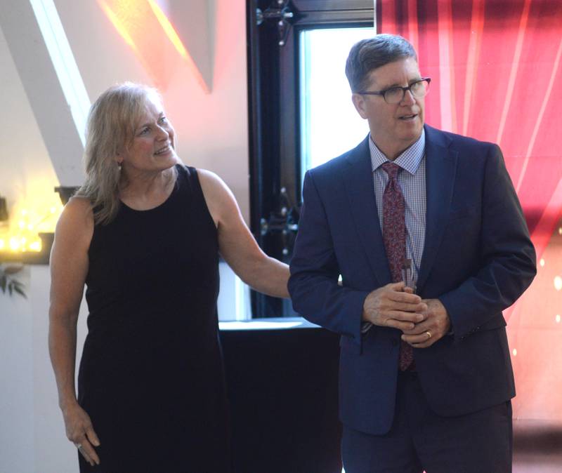 Lisa and Tom Gale of Farrell-Holland-Gale Funeral Home accept the Business of the Year Award during the Oregon Area Chamber of Commerce Annual Dinner on Thursday, Aug. 15, 2024, at River's Edge Experience, Oregon.