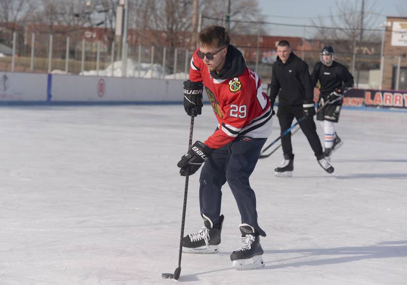 People including Alan Zasavny of Burbank participate in Stick & Puck at the Bobby Hull Community Ice Rink Sunday, Jan. 26, 2025 in Cicero.