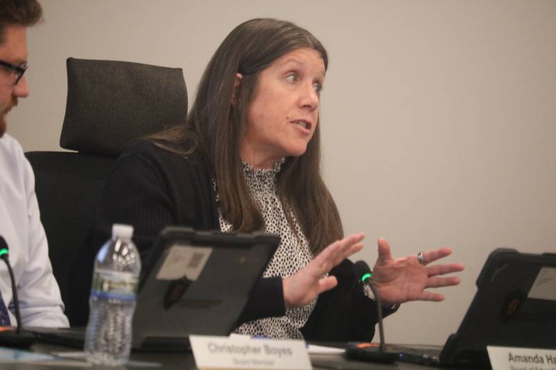 Board member Amanda Harness speaks at the Sept. 19, 2023 meeting of the DeKalb District 428 school board.