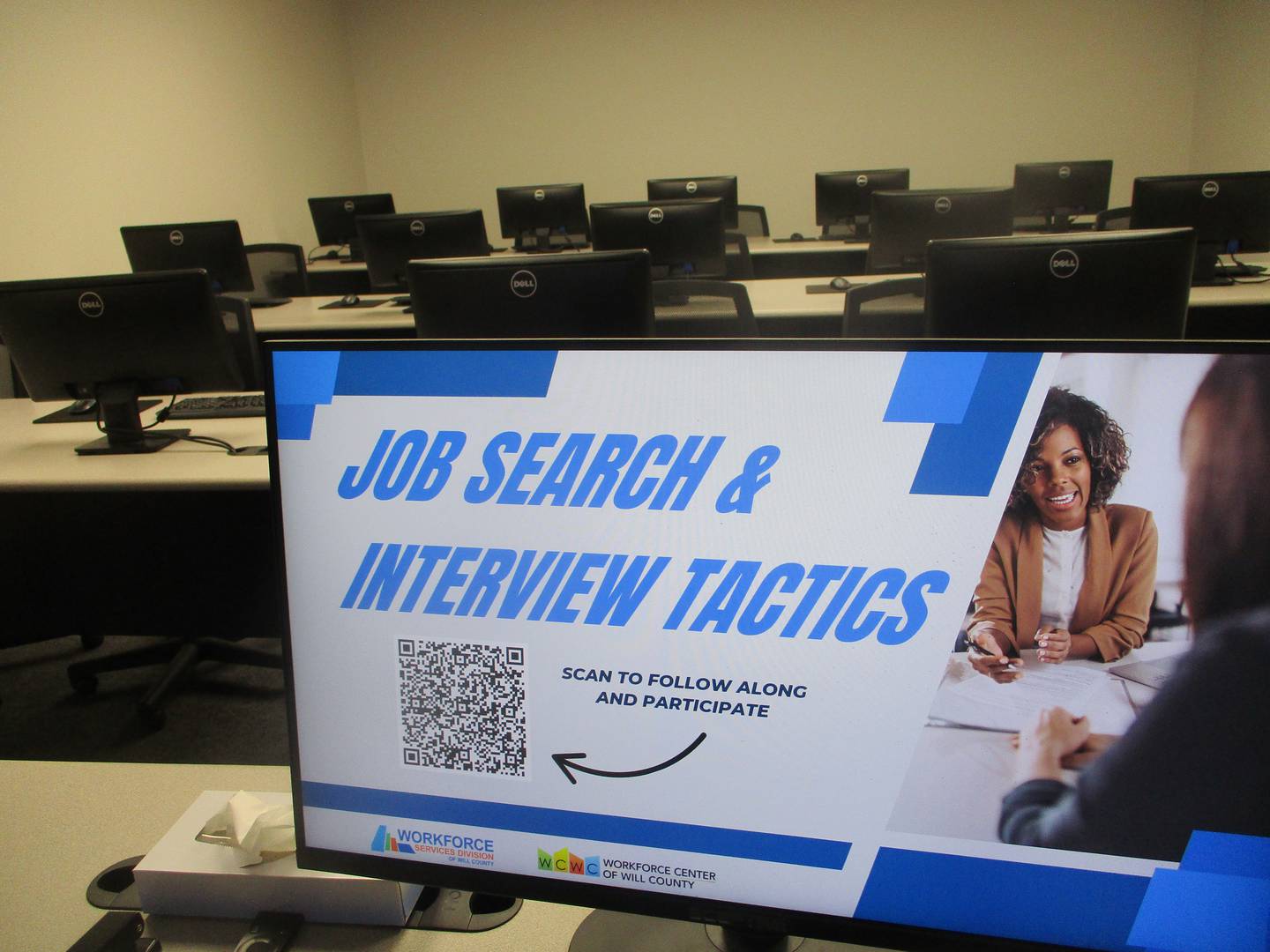 A screen in the workshop room at Workforce Center of Will County suggests a couple of services provided at the Joliet facility. April 27, 2026