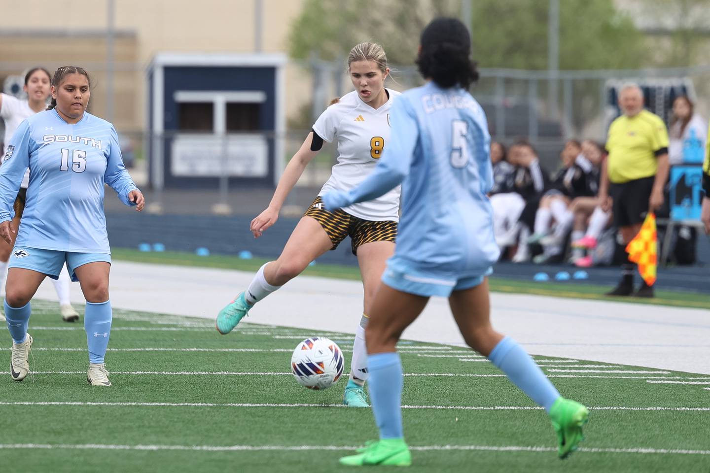 Joliet West’s Sophia Podmolik works the ball against Plainfield South on Thursday, April 18, 2024.