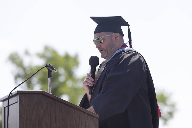 Dixon High School Principal Jared Shaner addresses the Class of 2026 on Sunday, May 24, 2026, during the opening of commencement.