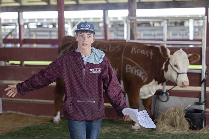 Drew Melendrez, 12, talks about cattle Friday, April 24, 2026, at the Lee County Fairgrounds in Amboy. All Lee County fifth graders were invited to attend the 20th annual Ag Expo to learn about many things agriculture.