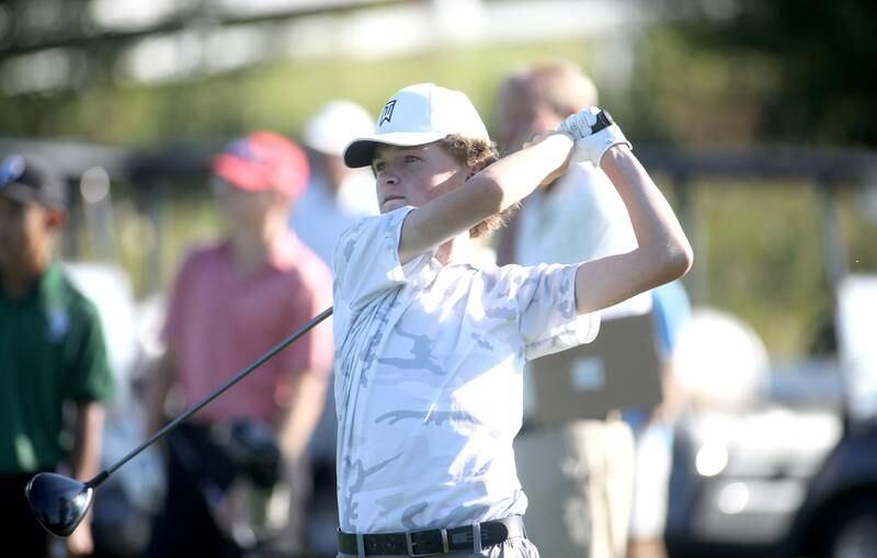 Wheaton Warrenville South’s Michael Johansen tees off during the Class 3A Plainfield North Boys Golf Sectional at Whitetail Ridge Golf Course in Yorkville on Monday, Oct. 2, 2023.