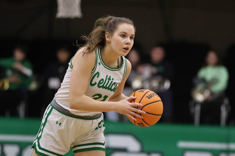 Providence’s Taylor Healy looks for a play against Joliet Catholic on Saturday, Dec. 5, 2025 in New Lenox.