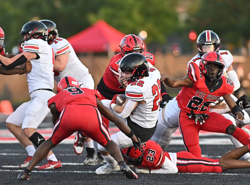 Lincoln-Way Central's Anthony Noto rushes for a gain during a non-conference game against Bolingbrook on Friday, Sep. 29, 2023, at Bolingbrook. (Dean Reid for Shaw Local News Network)