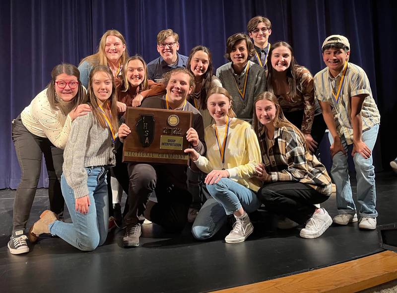 Sterling High School Group Interpretation cast of CODA: Jenica Francis, Anna Hutchison, Samantha Feather, Emma Stroup, Kaidence Stroup, Sophie Shaw, Michelle Henderson, Brinley Francis, Logan Moreno, Owen Gaffey, Henry Oberg, Kyle Hutchison, and Israel Grande.