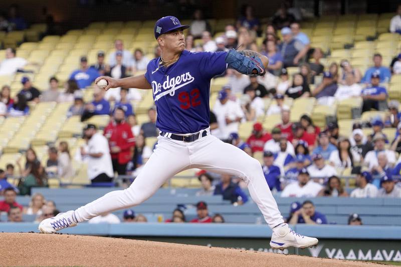 Los Angeles Dodgers starting pitcher Bobby Miller throws during the first inning of a spring training game Tuesday, April 5, 2022, in Los Angeles.