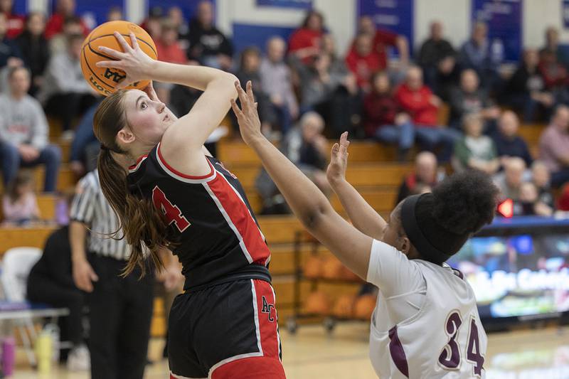 Amboy’s Jillian Anderson eyes the hoop against Morgan Park Academy’s Alana Haaruun Tuesday, Feb. 25, 2025, in the Class 1A Sectional semifinal at Hinckley-Big Rock.