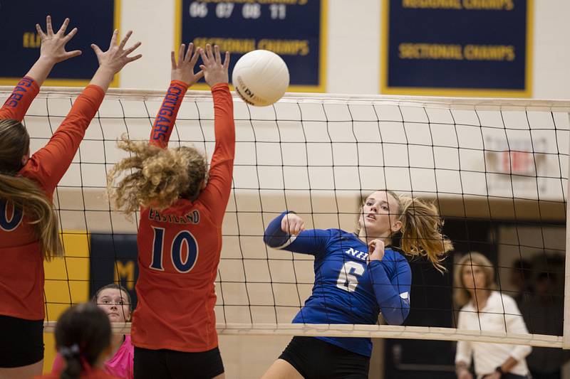 Newman’s Jess Johns swatches her shot in game one Wednesday, Oct. 26, 2022 in the semifinal volleyball match against Eastland.