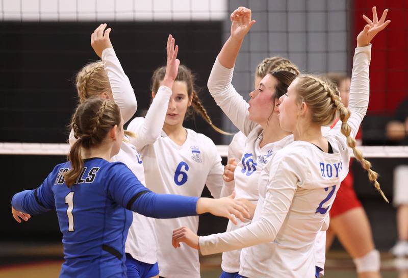 Hinckley-Big Rock celebrates a point during their match Tuesday, Sept. 19, 2023, at Indian Creek High School in Shabbona.