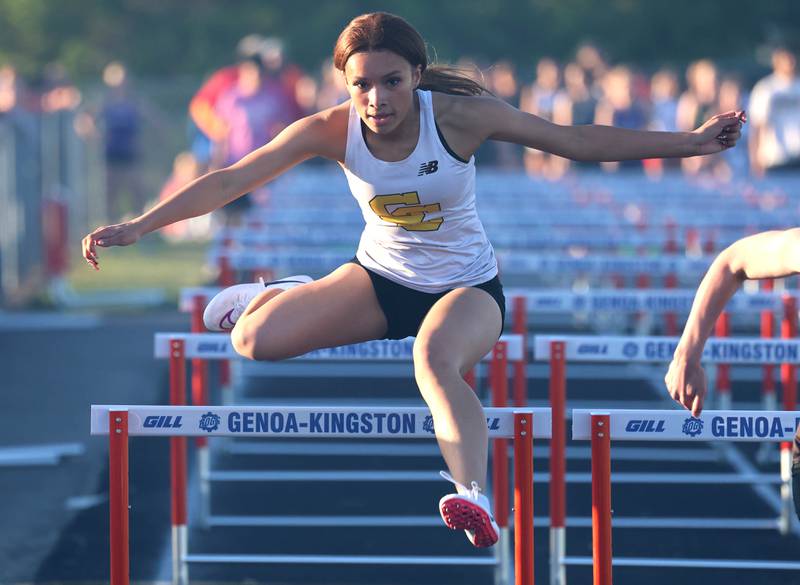 Carmel’s Jaliyah Quarles runs the 100 meter hurdles Friday, May 15, 2026, during the Class 2A girls track sectional at Genoa-Kingston High School.