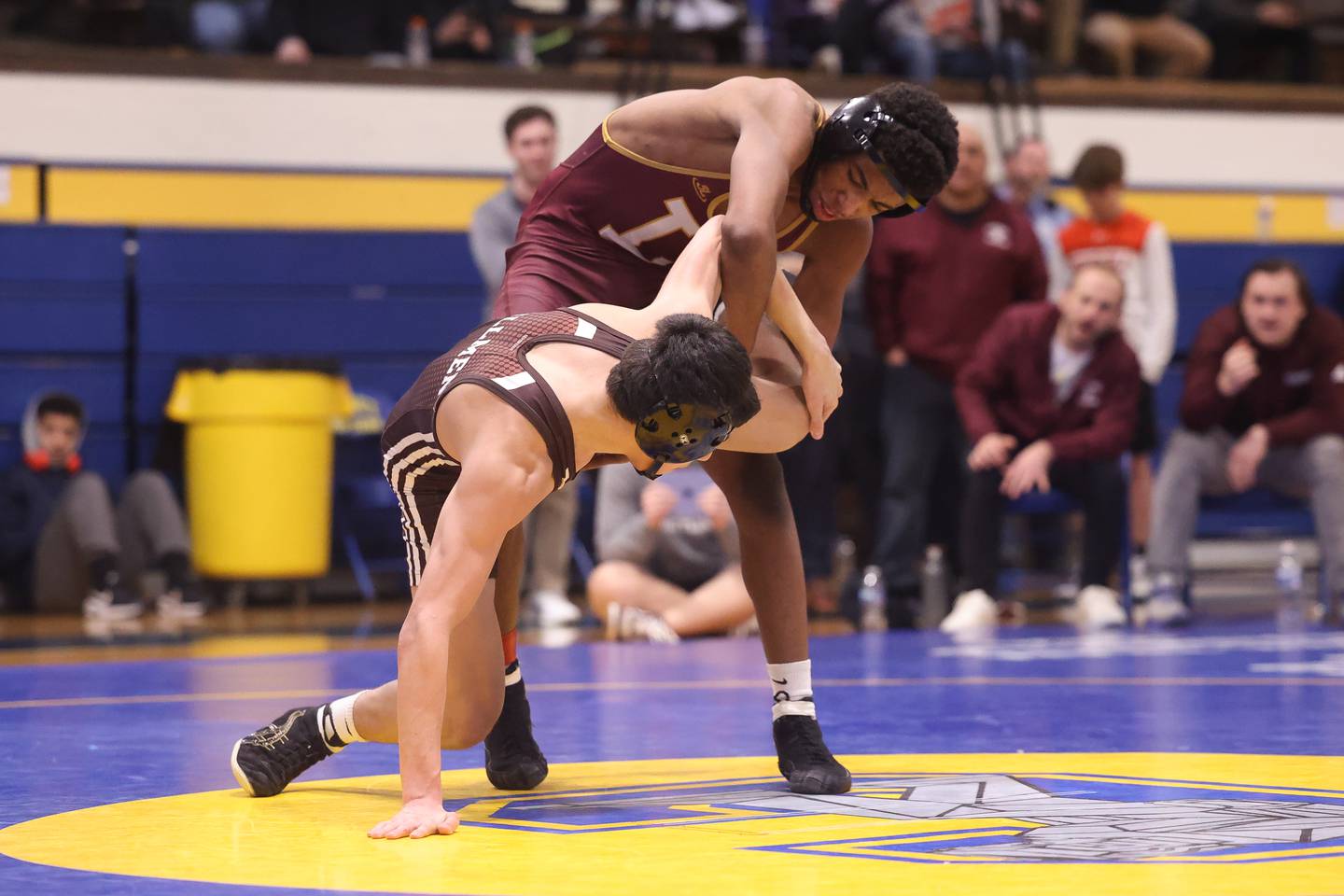 Lockport’s Justin Wardlow drops Joliet Catholic’s Elias Gonzalez in the Class 3A Joliet Central Regional 138 pound Championship match on Saturday, Feb. 3rd 2024 in Joliet.
