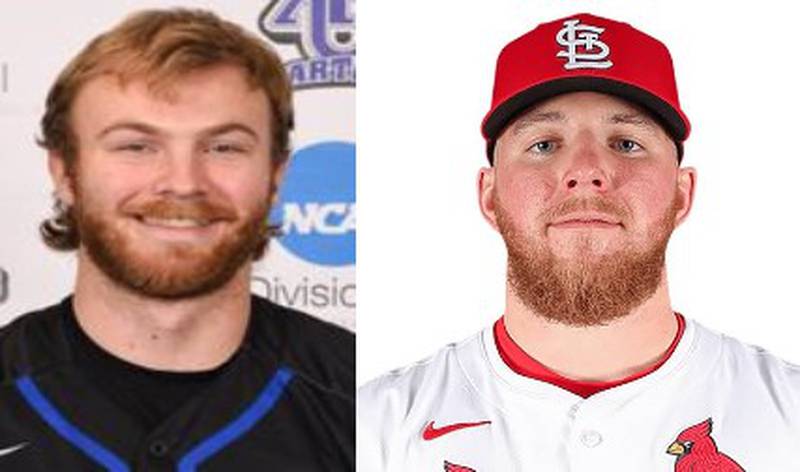 Princeton's Jett Wedekind (left) caught Chris Roycraft at Aurora University in 2018 and 2019. Roycraft chased his dream, signing as a Minor League free agent with the Cardinals in 2023 and making his Big League debut in 2024.