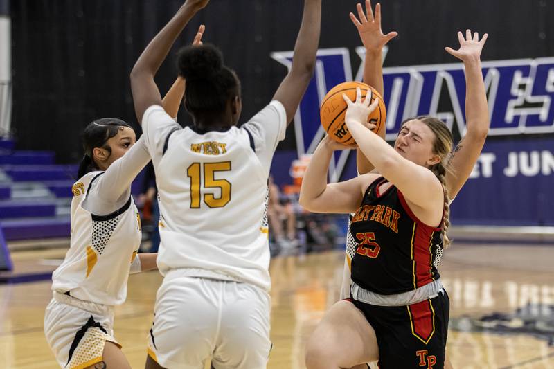 Tinley Park's Melanie Musser drives to the basket during a WJOL Girls Basketball Tournament game against Joliet West at Joliet Junior College on Nov. 18, 2025.