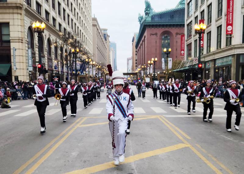The Kankakee High School marching band participates in the Chicago Thanksgiving Parade in 2022. The Kays will march in the parade again on Thanksgiving day, Nov. 28, from 8 to 11 a.m. under the direction of James William Render III.