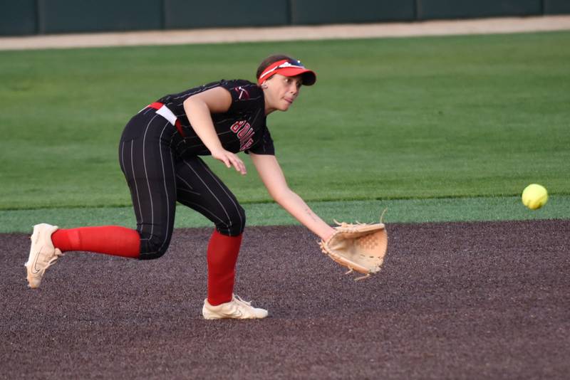 Bradley-Bourbonnais' Olivia Woolman fields a batted ball during the Class 4A Illinois Wesleyan Supersectional against Lockport Monday, June 9, 2025.