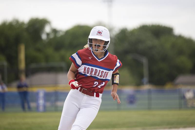 Morrison’s Paisley VanZuiden rounds third to score against Fulton Friday, May 22, 2026, at the Class 1A softball regional at Newman High School.