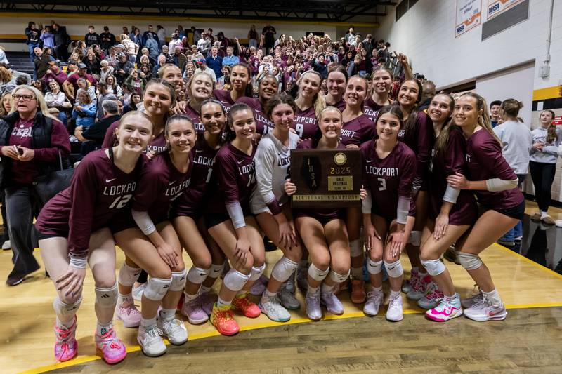 Lockport holds the plaque after winning the 4A Sectional Finals varsity volleyball game against Joliet West at Joliet West on Nov. 6, 2025.
